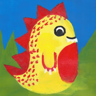 Acrylic Painting of a Yellow and Red Baby Dinosaur